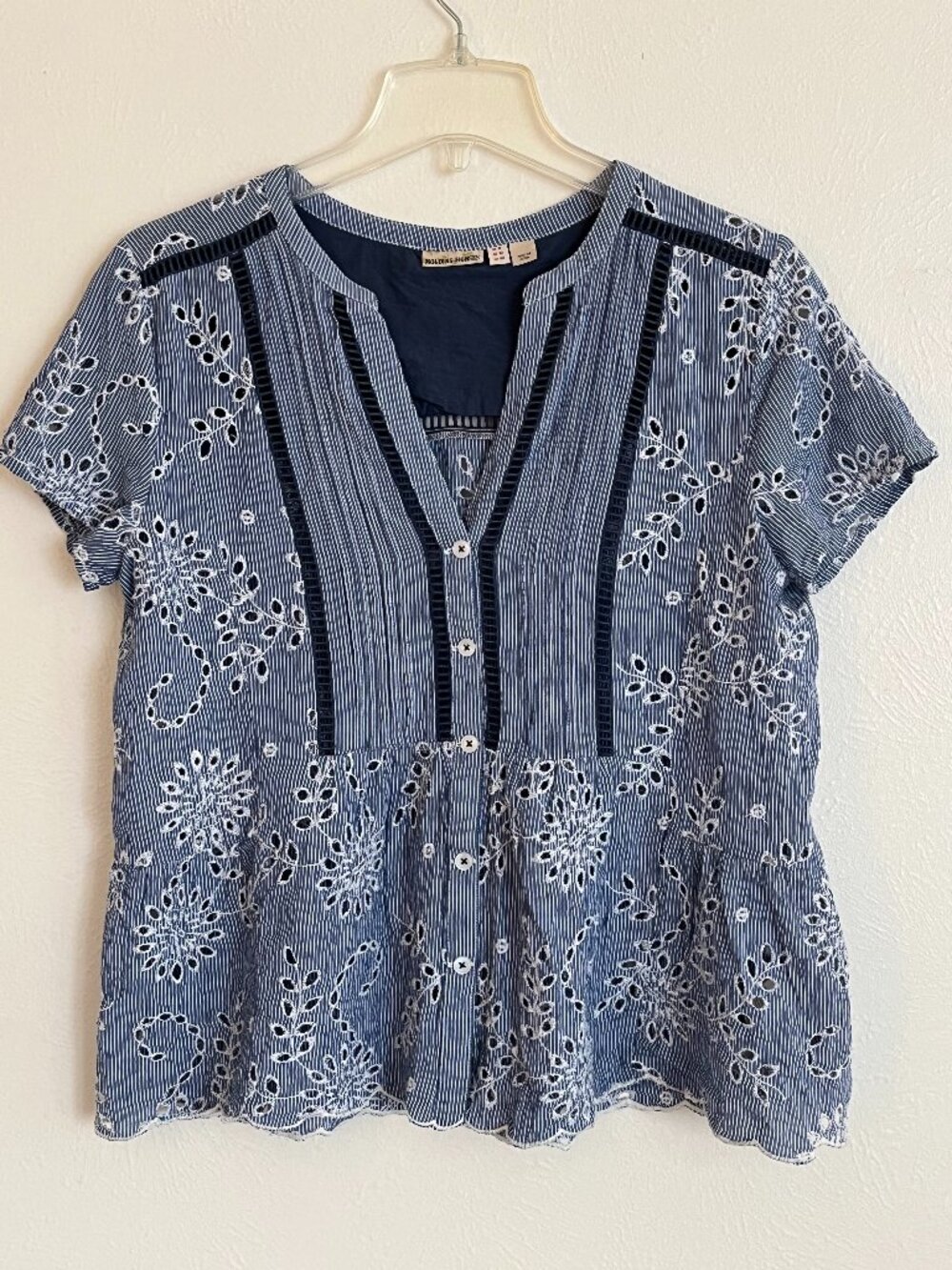 Anthropologie Holding Horses Eyelet Blue Cotton Blouse Size 8 Cottagecore